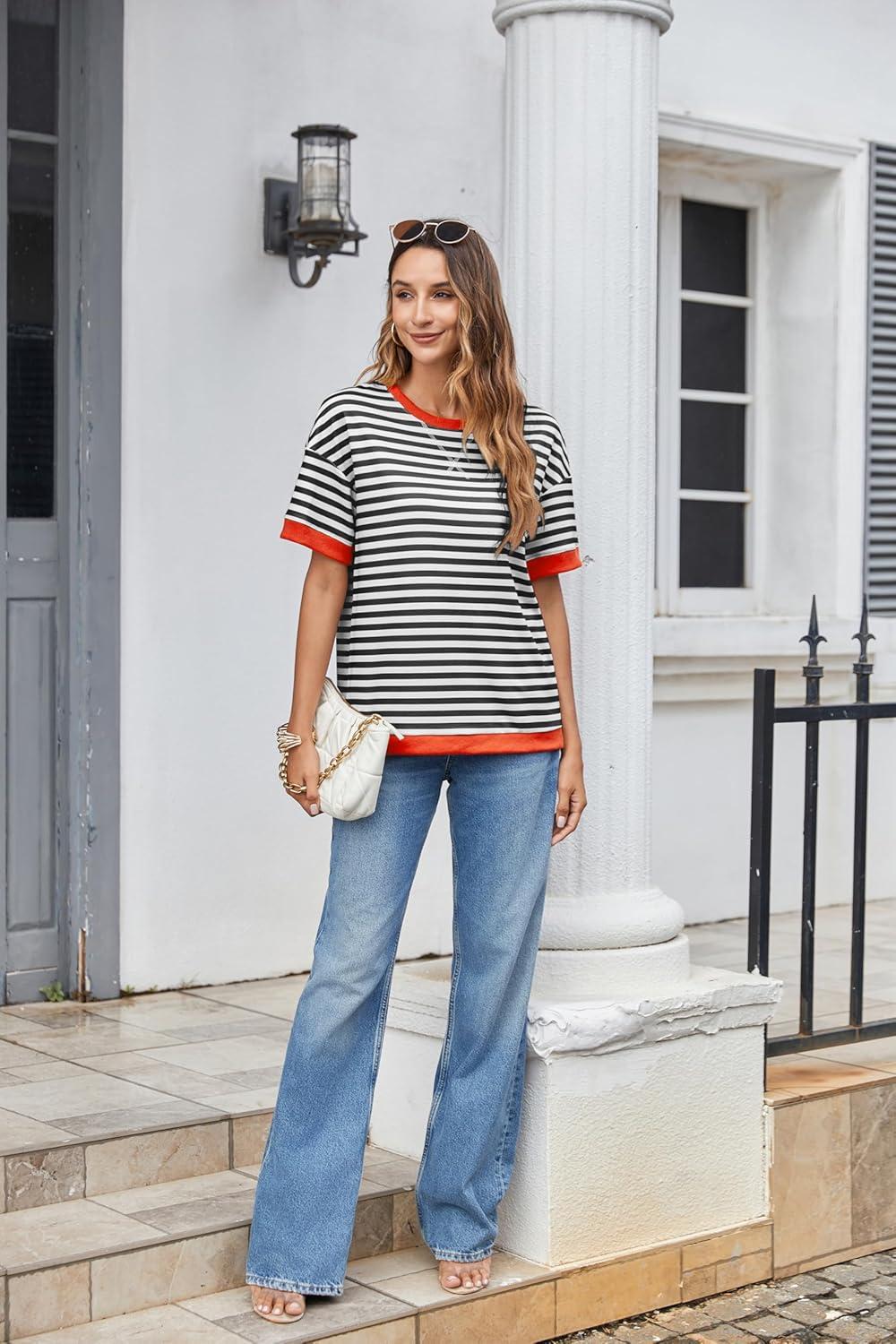 imageZeagoo Womens Tops Casual Oversized Short Sleeve Sweatshirt Summer Striped Shirt Crewneck Pullover Loose T Shirts BlouseBlackwhite2