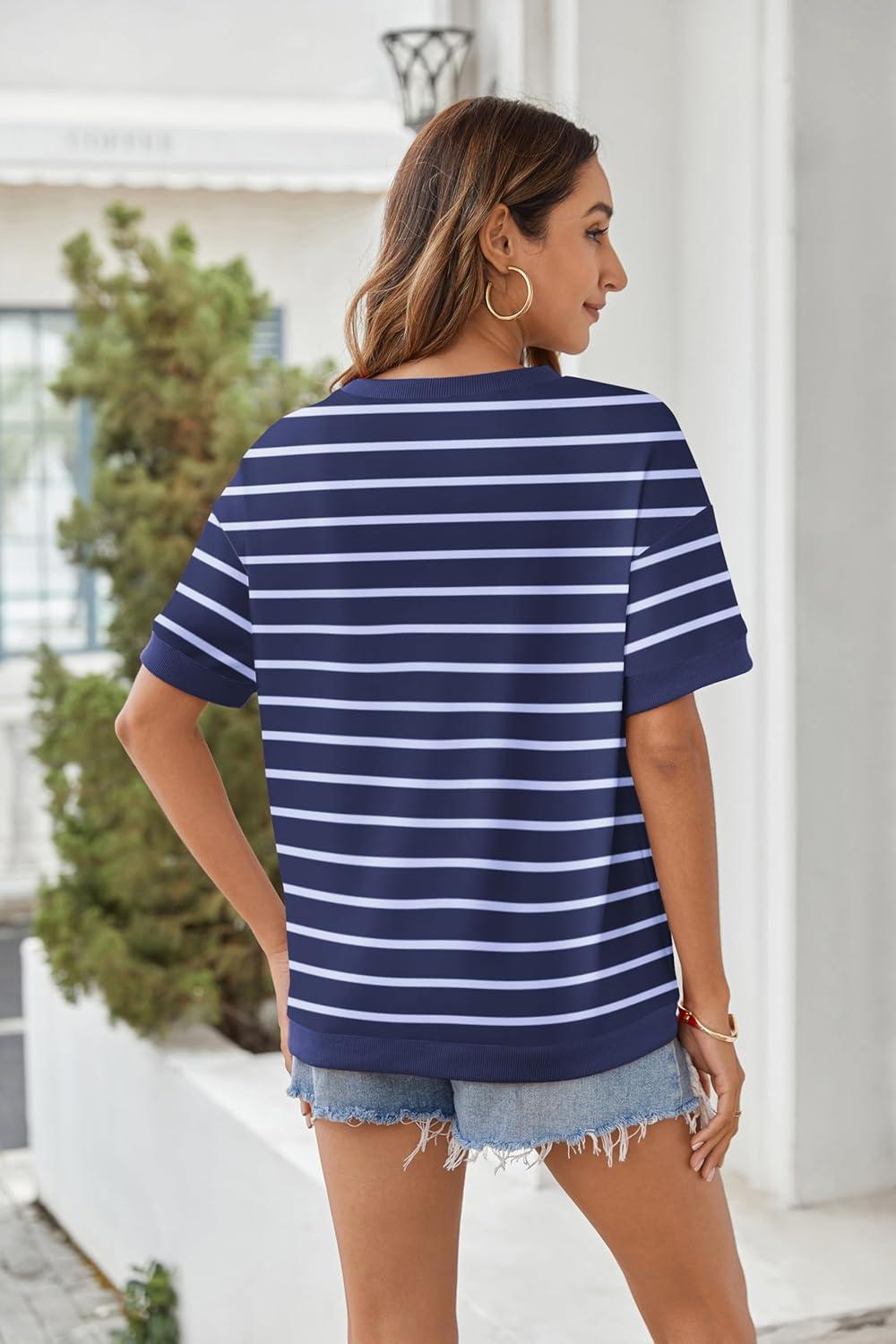 imageZeagoo Womens Tops Casual Oversized Short Sleeve Sweatshirt Summer Striped Shirt Crewneck Pullover Loose T Shirts BlouseBluewhite