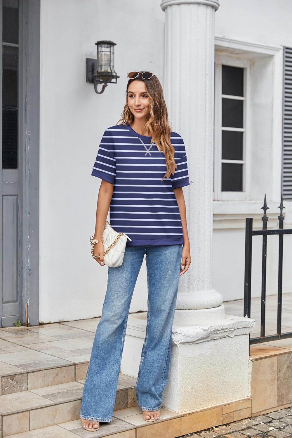 imageZeagoo Womens Tops Casual Oversized Short Sleeve Sweatshirt Summer Striped Shirt Crewneck Pullover Loose T Shirts BlouseBluewhite