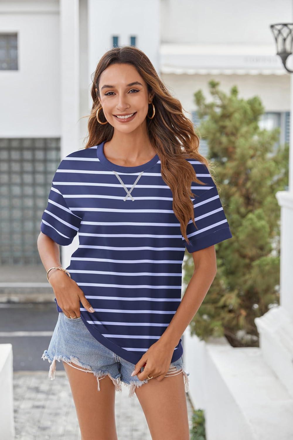imageZeagoo Womens Tops Casual Oversized Short Sleeve Sweatshirt Summer Striped Shirt Crewneck Pullover Loose T Shirts BlouseBluewhite
