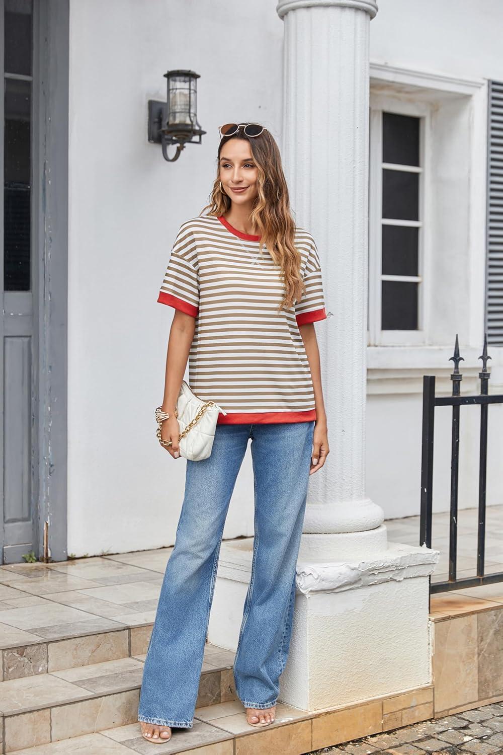 imageZeagoo Womens Tops Casual Oversized Short Sleeve Sweatshirt Summer Striped Shirt Crewneck Pullover Loose T Shirts BlouseCaramelwhite