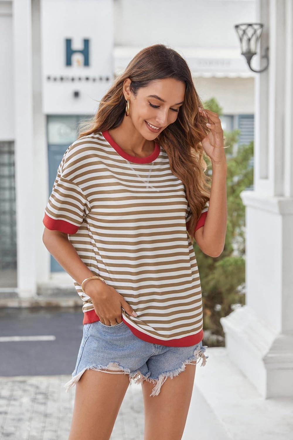 imageZeagoo Womens Tops Casual Oversized Short Sleeve Sweatshirt Summer Striped Shirt Crewneck Pullover Loose T Shirts BlouseCaramelwhite