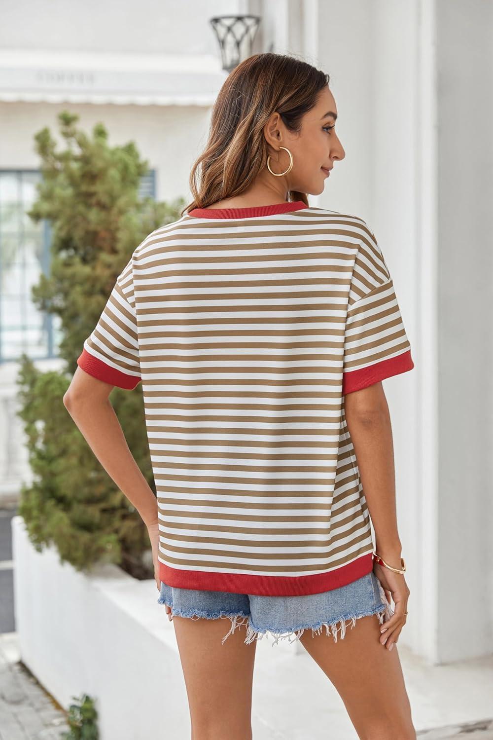imageZeagoo Womens Tops Casual Oversized Short Sleeve Sweatshirt Summer Striped Shirt Crewneck Pullover Loose T Shirts BlouseCaramelwhite