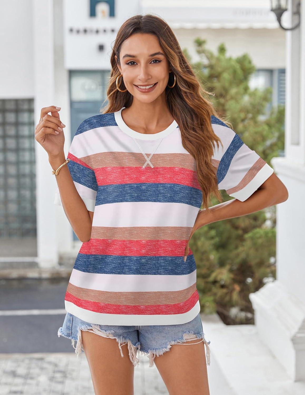 imageZeagoo Womens Tops Casual Oversized Short Sleeve Sweatshirt Summer Striped Shirt Crewneck Pullover Loose T Shirts BlouseColor Stripes 2