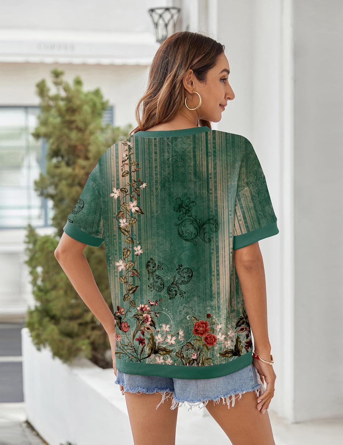 imageZeagoo Womens Tops Casual Oversized Short Sleeve Sweatshirt Summer Striped Shirt Crewneck Pullover Loose T Shirts BlouseGreen Floral