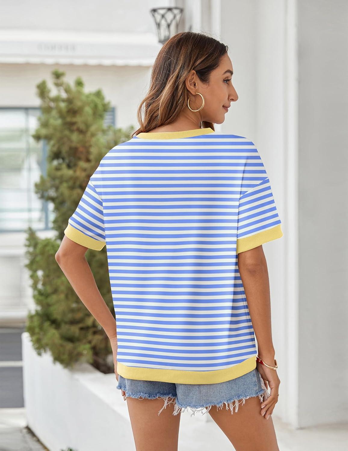 imageZeagoo Womens Tops Casual Oversized Short Sleeve Sweatshirt Summer Striped Shirt Crewneck Pullover Loose T Shirts BlouseLight Blue