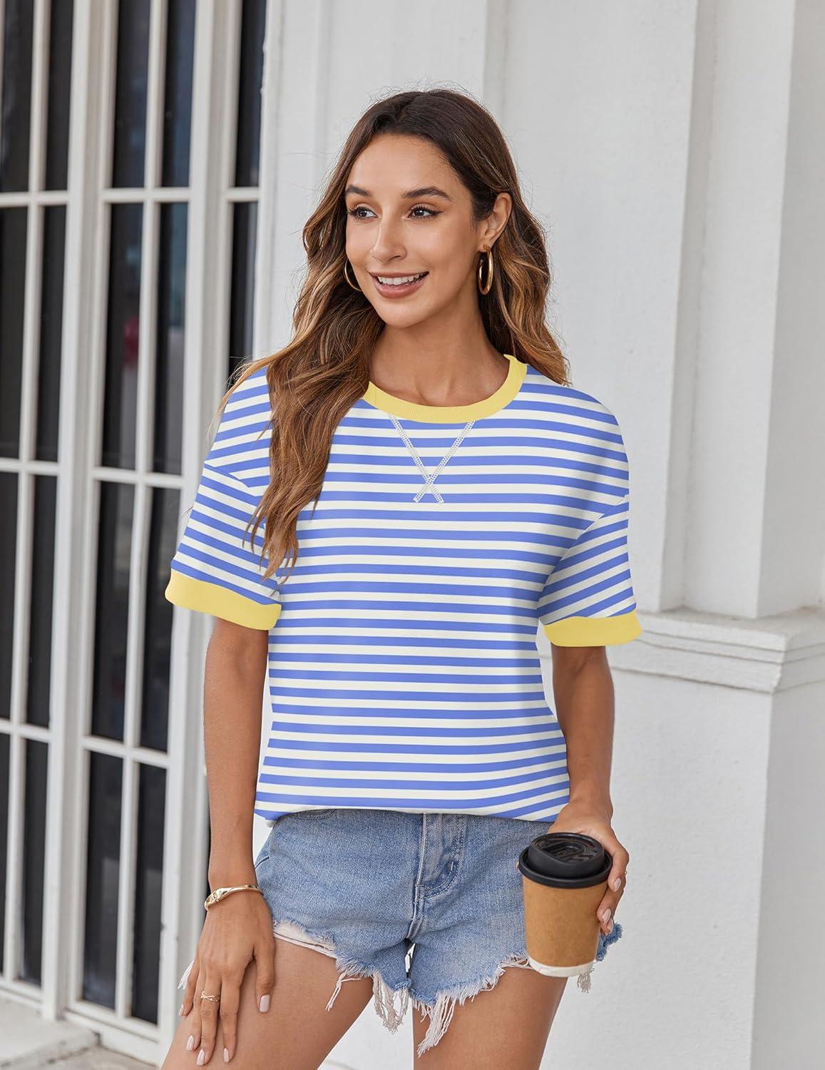 imageZeagoo Womens Tops Casual Oversized Short Sleeve Sweatshirt Summer Striped Shirt Crewneck Pullover Loose T Shirts BlouseLight Blue