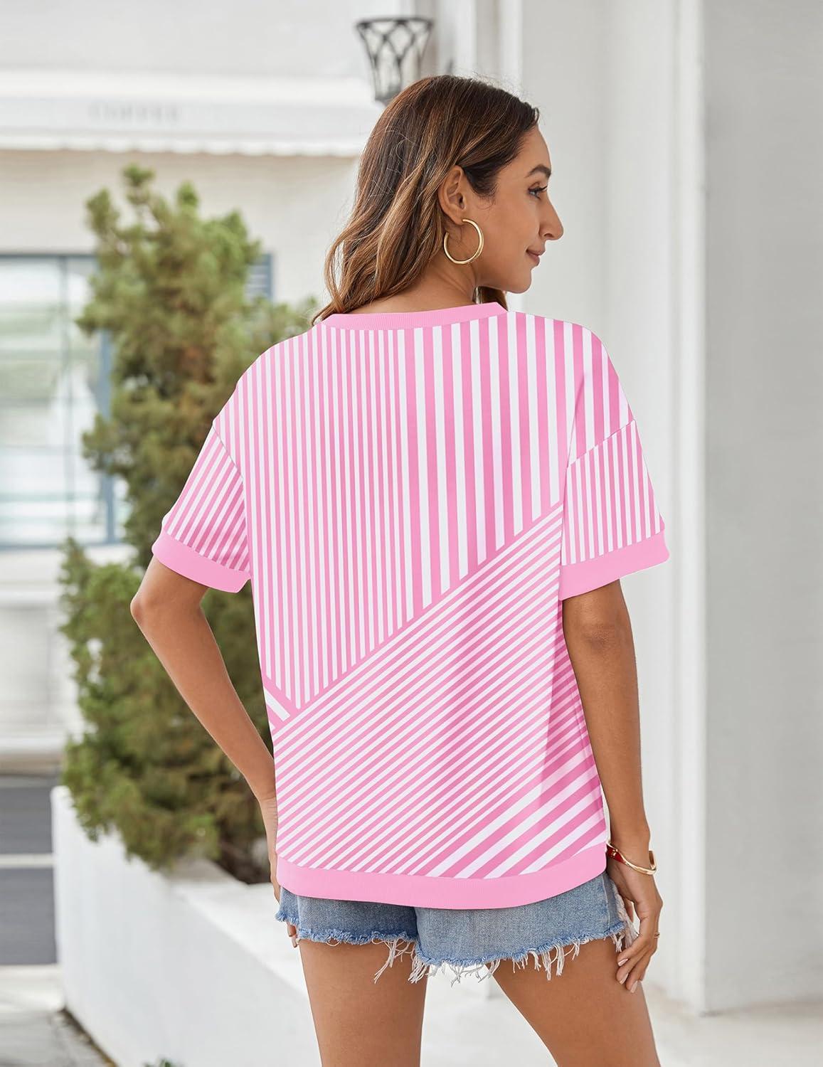 imageZeagoo Womens Tops Casual Oversized Short Sleeve Sweatshirt Summer Striped Shirt Crewneck Pullover Loose T Shirts BlousePink Stripes