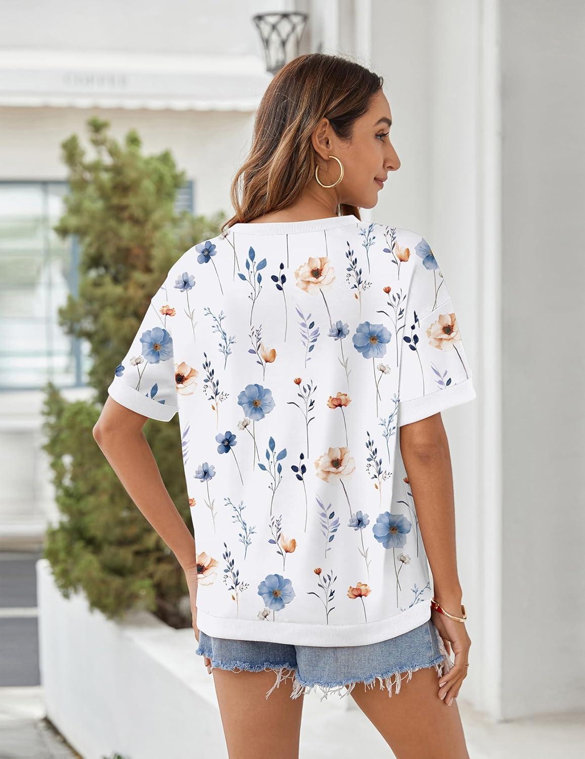 imageZeagoo Womens Tops Casual Oversized Short Sleeve Sweatshirt Summer Striped Shirt Crewneck Pullover Loose T Shirts BlouseWhite Floral