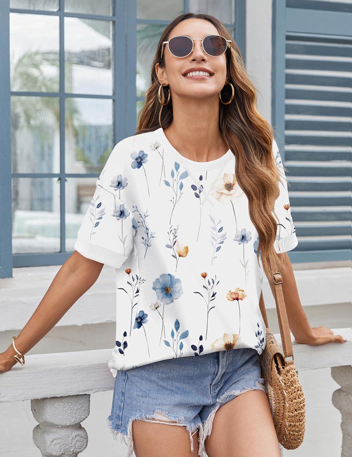 imageZeagoo Womens Tops Casual Oversized Short Sleeve Sweatshirt Summer Striped Shirt Crewneck Pullover Loose T Shirts BlouseWhite Floral