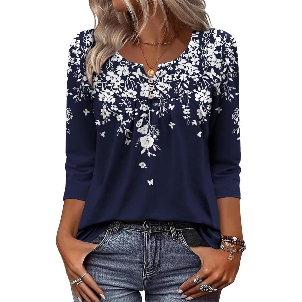 imageZeagoo 34 Length Sleeve Womens Tops Dressy Casual 2026 V Neck T Shirts Blouses Floral Summer Business Work Basic TeesA02navy Flower