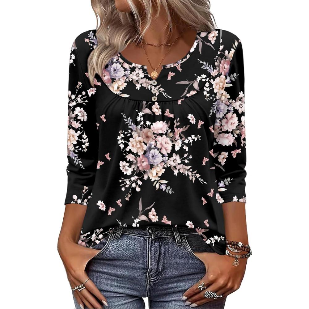imageZeagoo 34 Length Sleeve Womens Tops Dressy Casual 2026 V Neck T Shirts Blouses Floral Summer Business Work Basic TeesBlack Pink Floral
