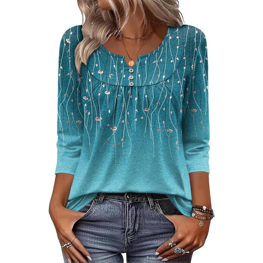 imageZeagoo 34 Length Sleeve Womens Tops Dressy Casual 2026 V Neck T Shirts Blouses Floral Summer Business Work Basic TeesBlue Floral