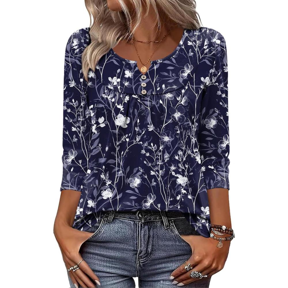 imageZeagoo 34 Length Sleeve Womens Tops Dressy Casual 2026 V Neck T Shirts Blouses Floral Summer Business Work Basic TeesNavy Blue Flower