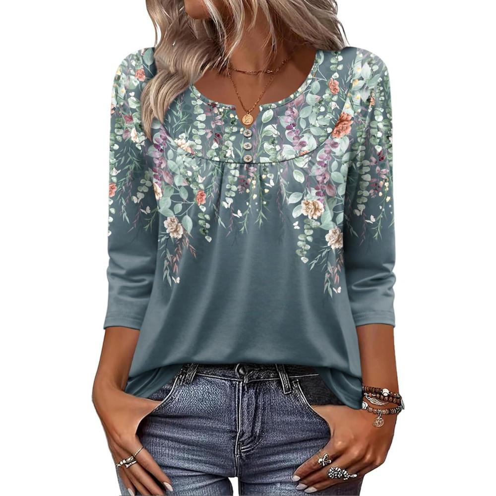 imageZeagoo 34 Length Sleeve Womens Tops Dressy Casual 2026 V Neck T Shirts Blouses Floral Summer Business Work Basic TeesPlants Flowers