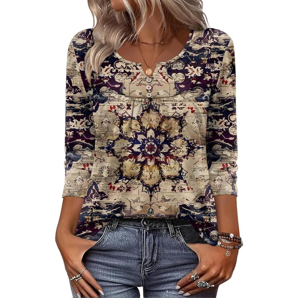 imageZeagoo 34 Length Sleeve Womens Tops Dressy Casual 2026 V Neck T Shirts Blouses Floral Summer Business Work Basic TeesPurplebeige