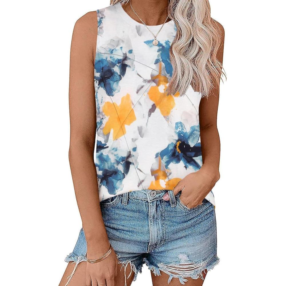 imageZeagoo Beach Vacation Clothes for Women Pleated High Neck Flowy Sleeveless Tank Tops Summer Loose Fit Tunic BlousesWhite Blue Flower