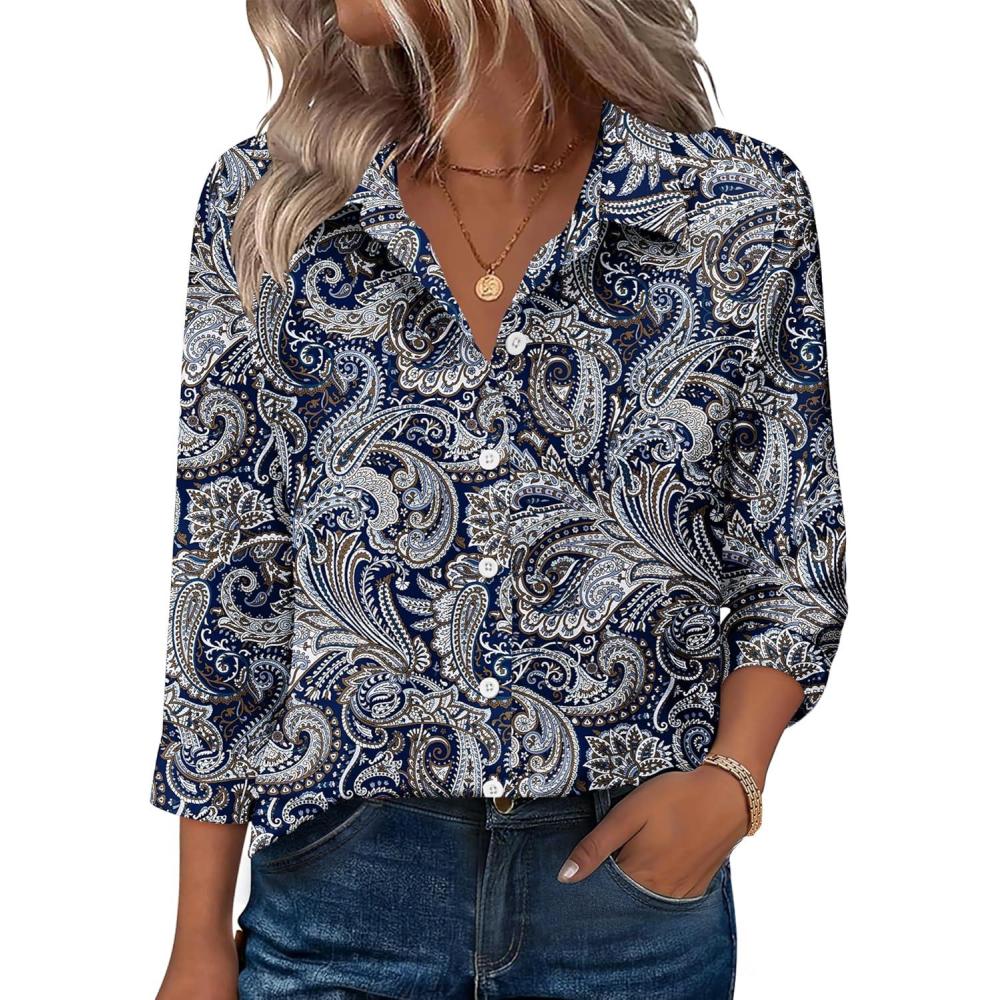 imageZeagoo Button Down Shirts for Women 34 Sleeve Tops V Neck Collared Blouses Business Casual Outfits S2XLMz473