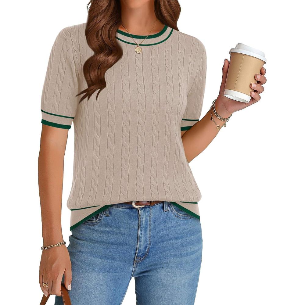 imageZeagoo Cable Short Sleeve Sweaters for Women Summer Spring Cute Tops 2026 Trendy Business Causal Outfits Work Blouses ClothesApricot Green Stripe