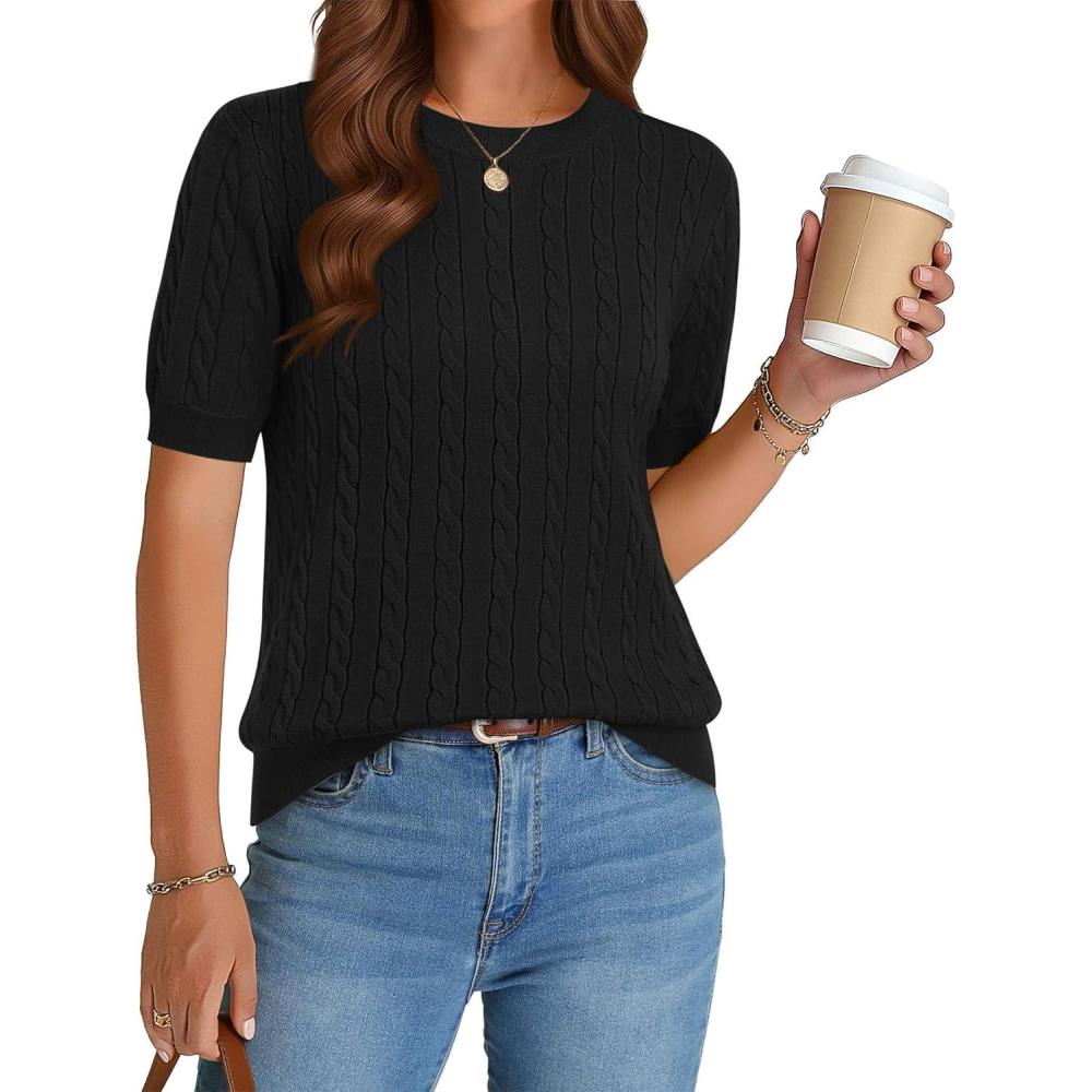 imageZeagoo Cable Short Sleeve Sweaters for Women Summer Spring Cute Tops 2026 Trendy Business Causal Outfits Work Blouses ClothesBlack