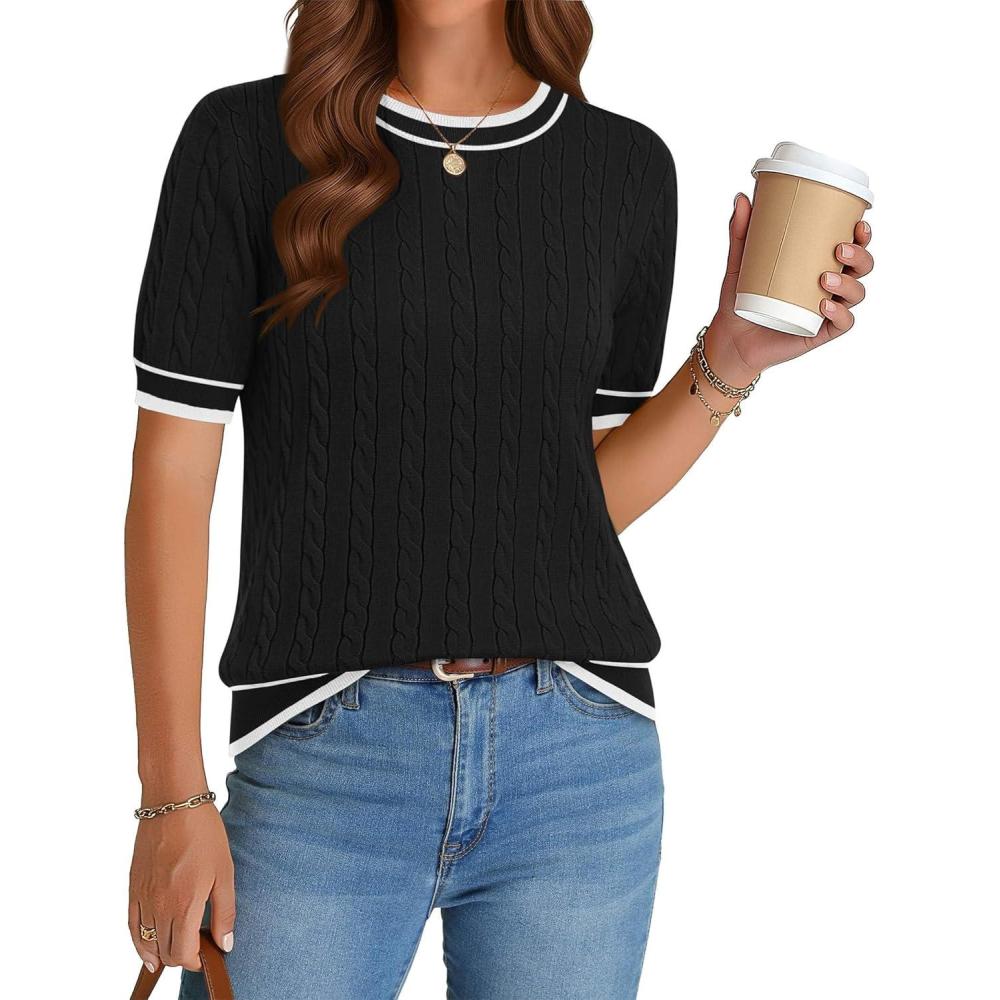 imageZeagoo Cable Short Sleeve Sweaters for Women Summer Spring Cute Tops 2026 Trendy Business Causal Outfits Work Blouses ClothesBlack White Stripe
