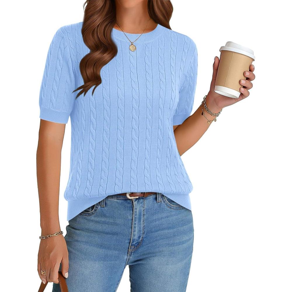 imageZeagoo Cable Short Sleeve Sweaters for Women Summer Spring Cute Tops 2026 Trendy Business Causal Outfits Work Blouses ClothesBlue