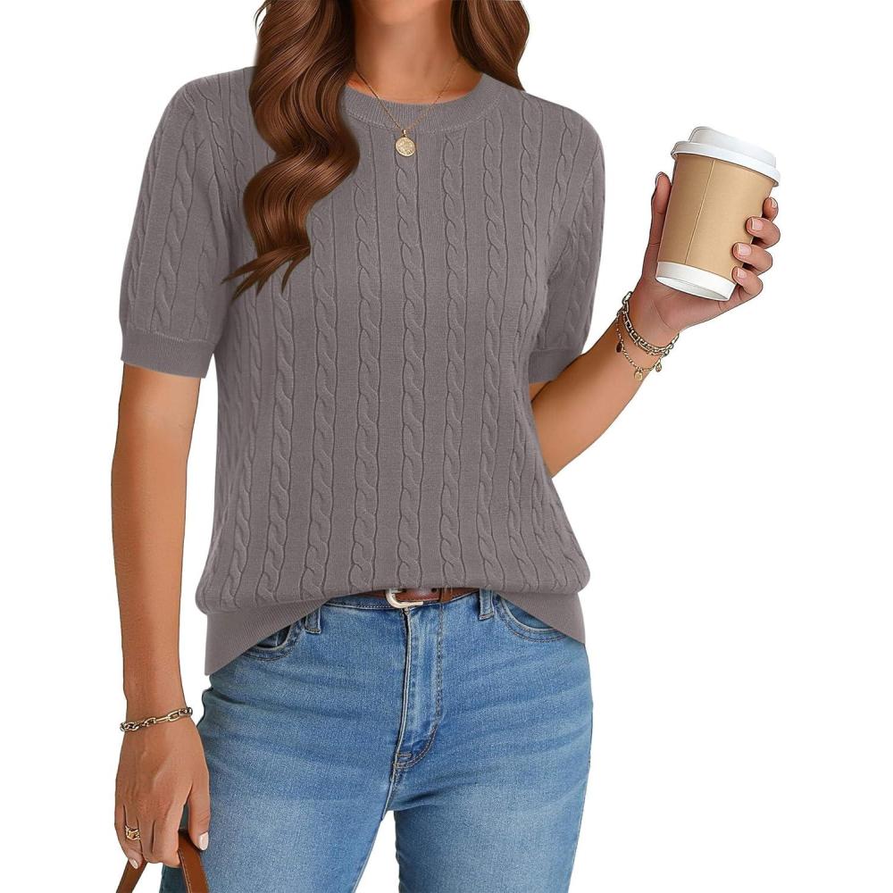 imageZeagoo Cable Short Sleeve Sweaters for Women Summer Spring Cute Tops 2026 Trendy Business Causal Outfits Work Blouses ClothesCoffee