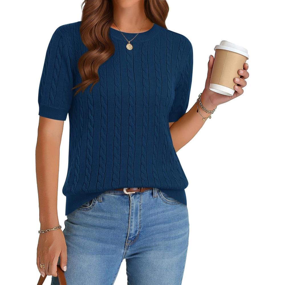 imageZeagoo Cable Short Sleeve Sweaters for Women Summer Spring Cute Tops 2026 Trendy Business Causal Outfits Work Blouses ClothesDark Blue