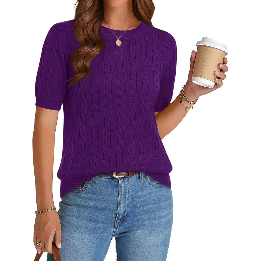 imageZeagoo Cable Short Sleeve Sweaters for Women Summer Spring Cute Tops 2026 Trendy Business Causal Outfits Work Blouses ClothesDark Purple