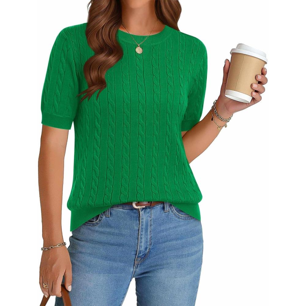 imageZeagoo Cable Short Sleeve Sweaters for Women Summer Spring Cute Tops 2026 Trendy Business Causal Outfits Work Blouses ClothesGreen