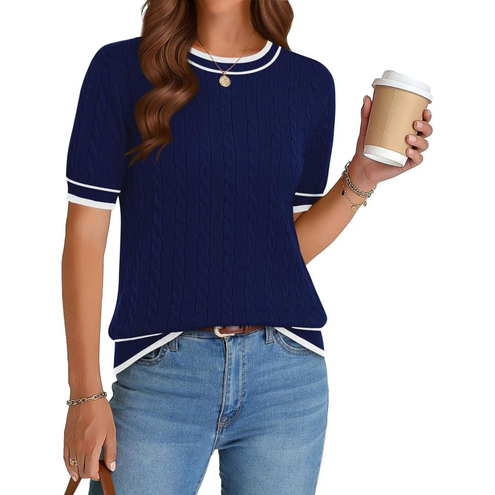 imageZeagoo Cable Short Sleeve Sweaters for Women Summer Spring Cute Tops 2026 Trendy Business Causal Outfits Work Blouses ClothesNavy Blue White Stripe