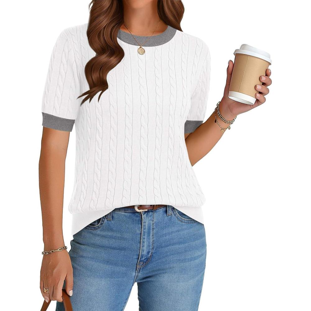 imageZeagoo Cable Short Sleeve Sweaters for Women Summer Spring Cute Tops 2026 Trendy Business Causal Outfits Work Blouses ClothesWhite Color Block