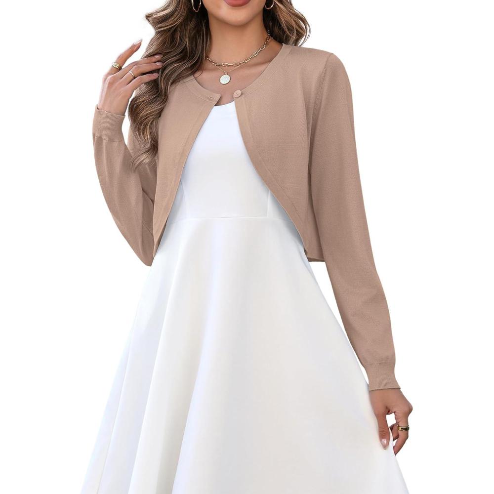 imageZeagoo Cropped Cardigan Sweaters for Women Long Sleeve Knit Open Front Bolero Shrug for DressesKhaki