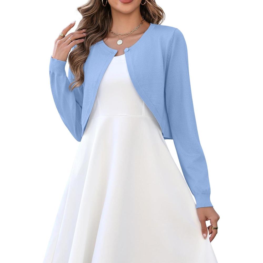 imageZeagoo Cropped Cardigan Sweaters for Women Long Sleeve Knit Open Front Bolero Shrug for DressesLight Blue