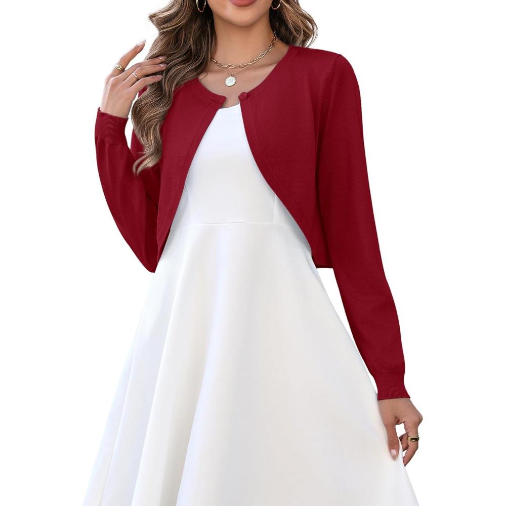 imageZeagoo Cropped Cardigan Sweaters for Women Long Sleeve Knit Open Front Bolero Shrug for DressesRed