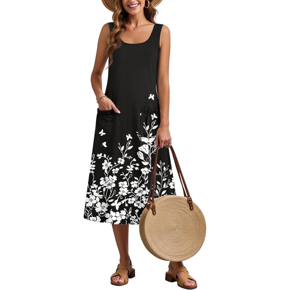 imageZeagoo Dresses for Women 2026 Casual Summer Midi Sleeveless Dress A Line Crewneck Beach Vacation Tank Sundresses with PocketsBlack White Floralsf100