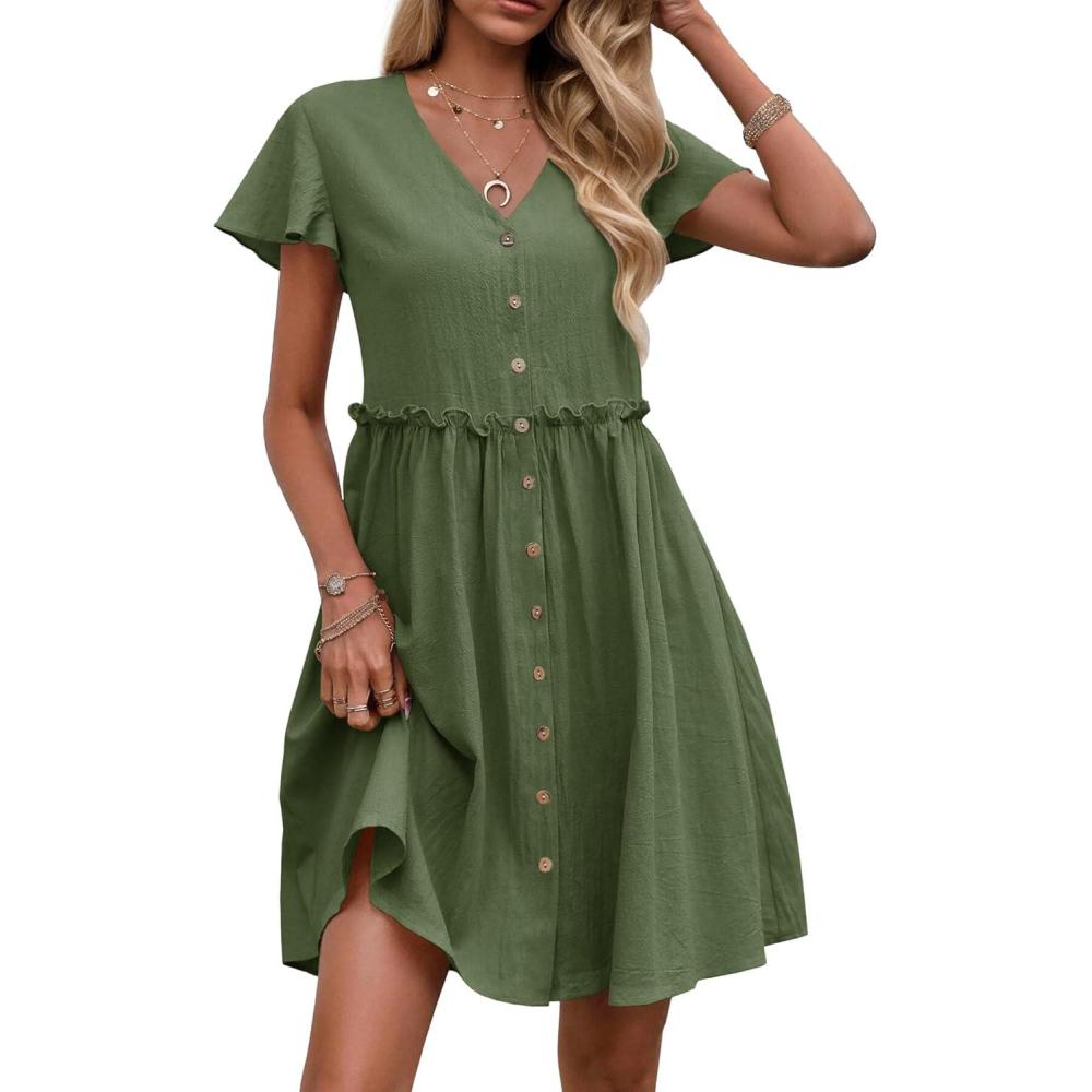 imageZeagoo Summer Dress with Flutter Sleeves Cotton Linen Beach A Line Casual DressArmy Green