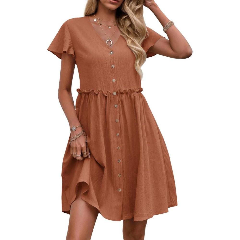 imageZeagoo Summer Dress with Flutter Sleeves Cotton Linen Beach A Line Casual DressCaramel