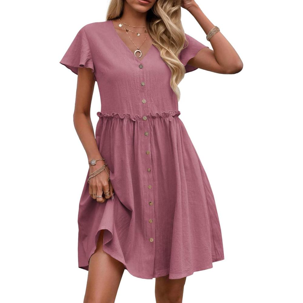 imageZeagoo Summer Dress with Flutter Sleeves Cotton Linen Beach A Line Casual DressDusty Pink