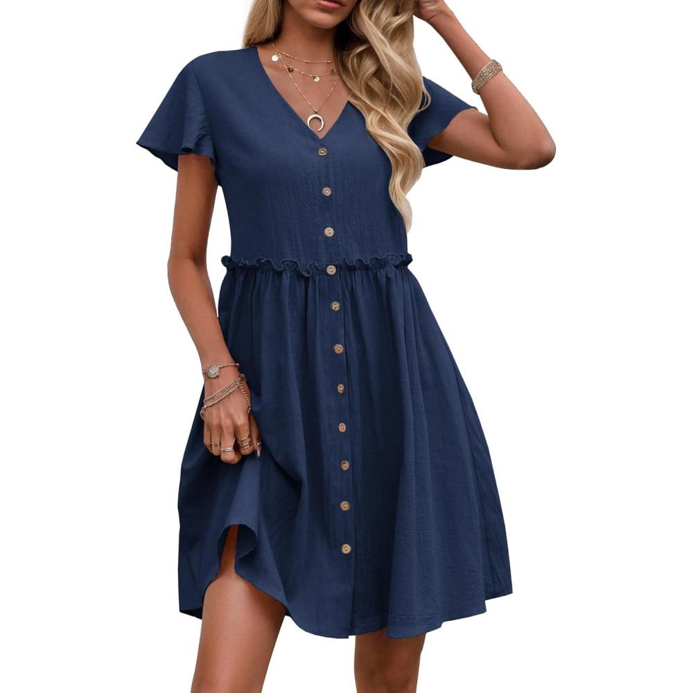 imageZeagoo Summer Dress with Flutter Sleeves Cotton Linen Beach A Line Casual DressNavy Blue