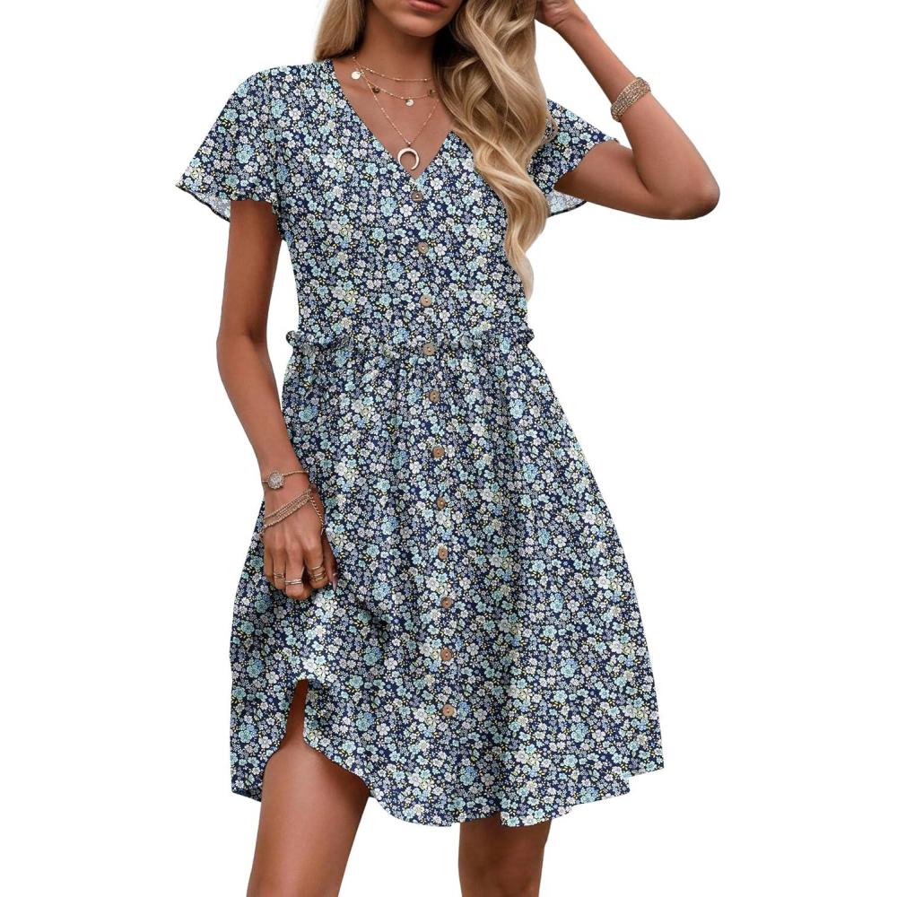 imageZeagoo Summer Dress with Flutter Sleeves Cotton Linen Beach A Line Casual DressPrinted Blue