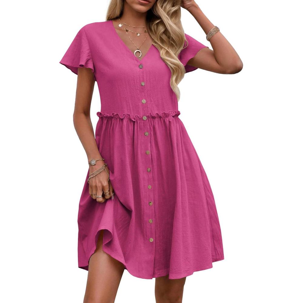 imageZeagoo Summer Dress with Flutter Sleeves Cotton Linen Beach A Line Casual DressRose Red