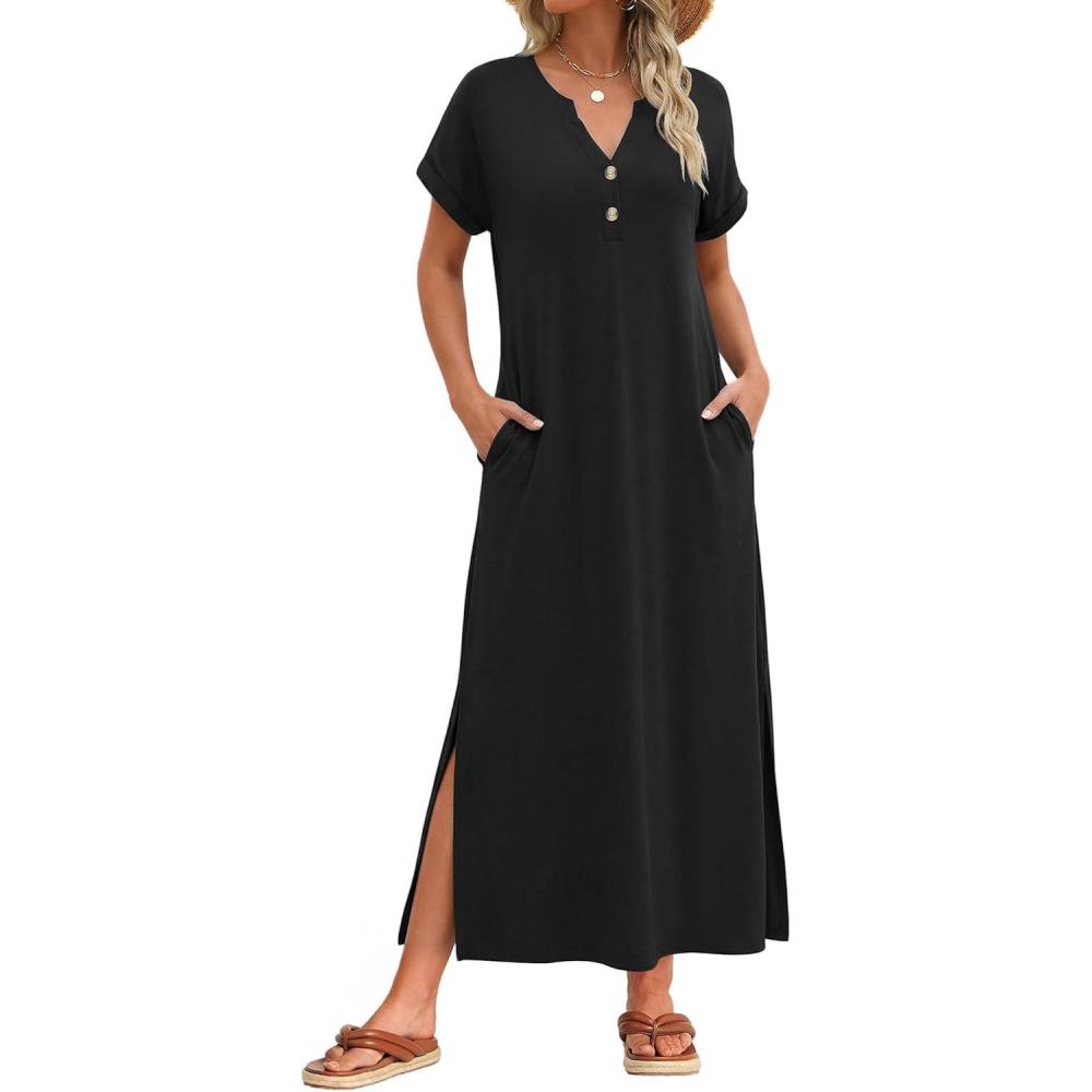 imageZeagoo Summer Dresses for Women 2026 Maxi Dresses Vacation Sundress Short Sleeve Casual Sundresses Split Dress with PocketsAblack