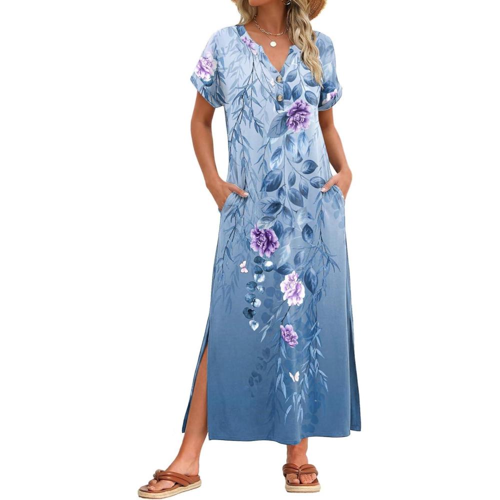 imageZeagoo Summer Dresses for Women 2026 Maxi Dresses Vacation Sundress Short Sleeve Casual Sundresses Split Dress with PocketsAfloralbf171