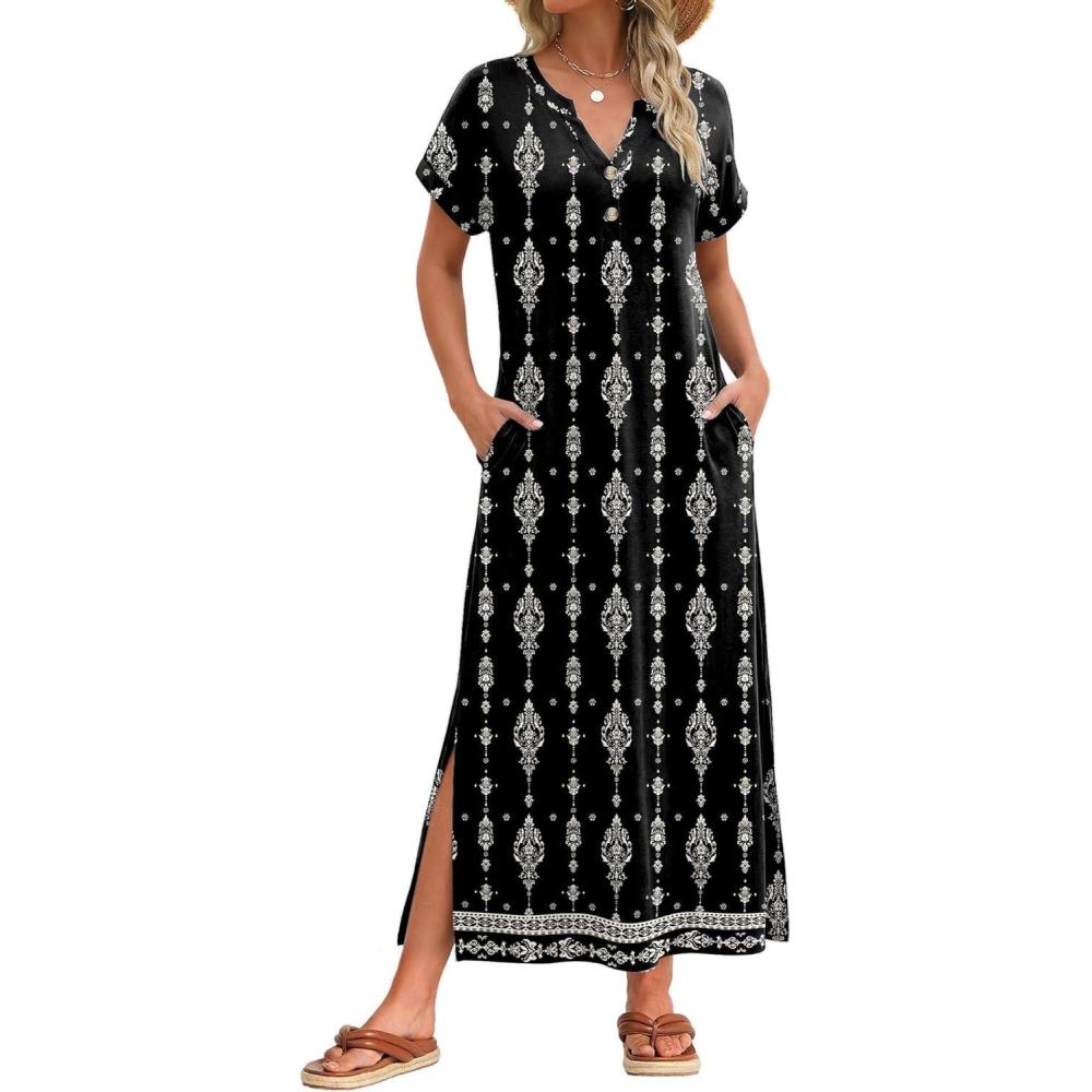 imageZeagoo Summer Dresses for Women 2026 Maxi Dresses Vacation Sundress Short Sleeve Casual Sundresses Split Dress with PocketsAfloralmz921