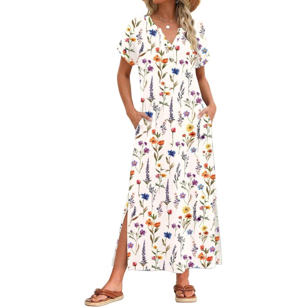 imageZeagoo Summer Dresses for Women 2026 Maxi Dresses Vacation Sundress Short Sleeve Casual Sundresses Split Dress with PocketsAfloralwf109