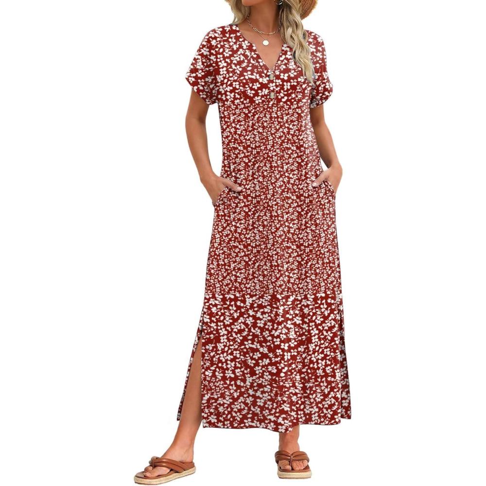 imageZeagoo Summer Dresses for Women 2026 Maxi Dresses Vacation Sundress Short Sleeve Casual Sundresses Split Dress with PocketsAfloralxh518