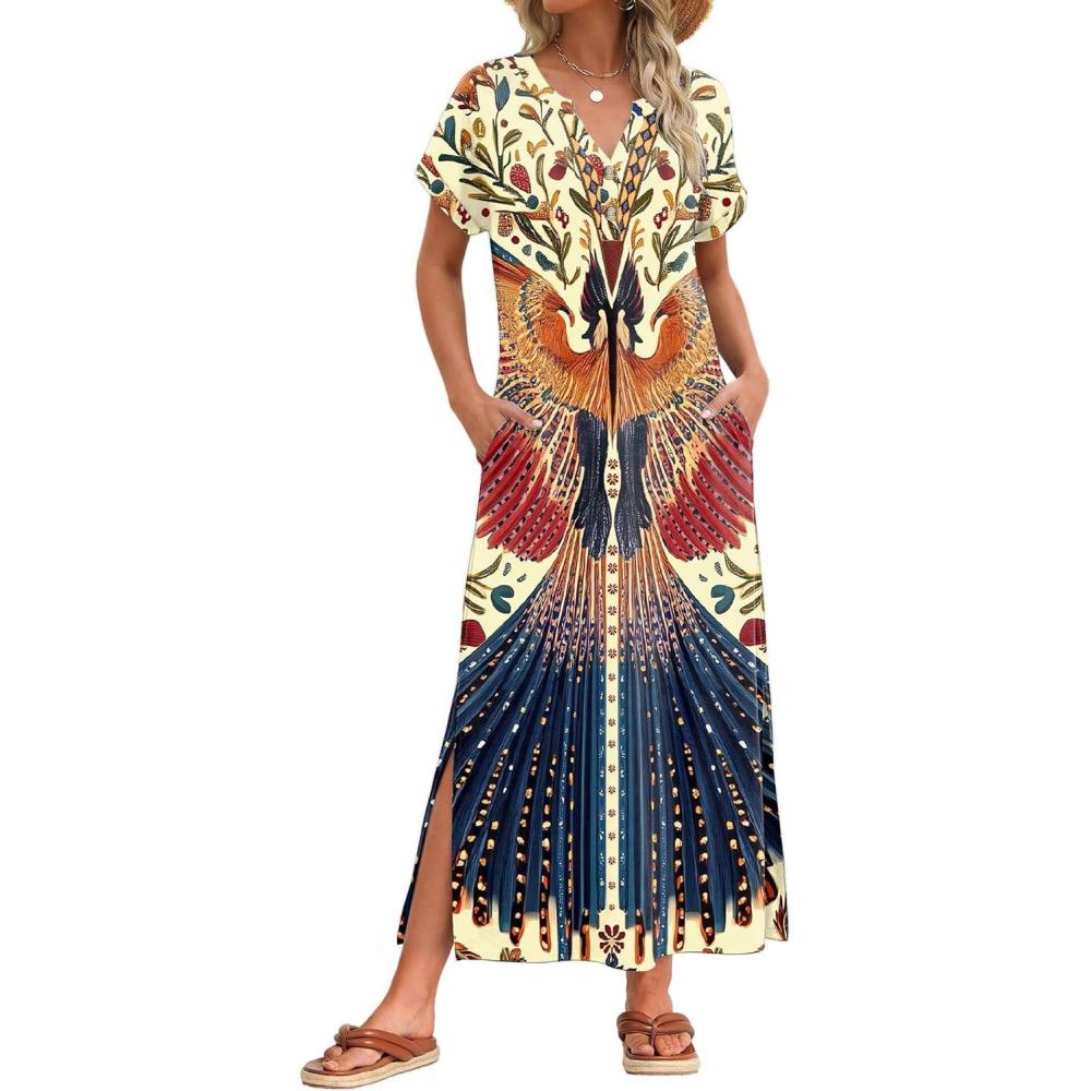imageZeagoo Summer Dresses for Women 2026 Maxi Dresses Vacation Sundress Short Sleeve Casual Sundresses Split Dress with PocketsFloraldw179