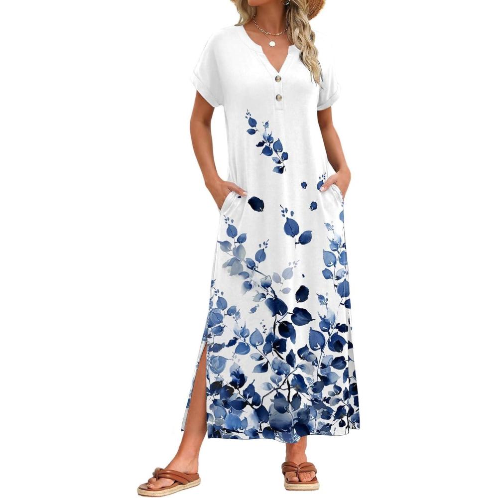 imageZeagoo Summer Dresses for Women 2026 Maxi Dresses Vacation Sundress Short Sleeve Casual Sundresses Split Dress with PocketsFloralwf118