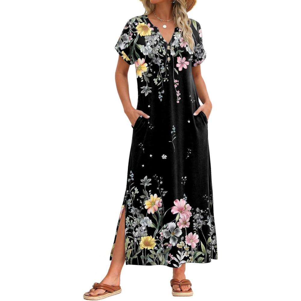imageZeagoo Summer Dresses for Women 2026 Maxi Dresses Vacation Sundress Short Sleeve Casual Sundresses Split Dress with PocketsFloralwf120